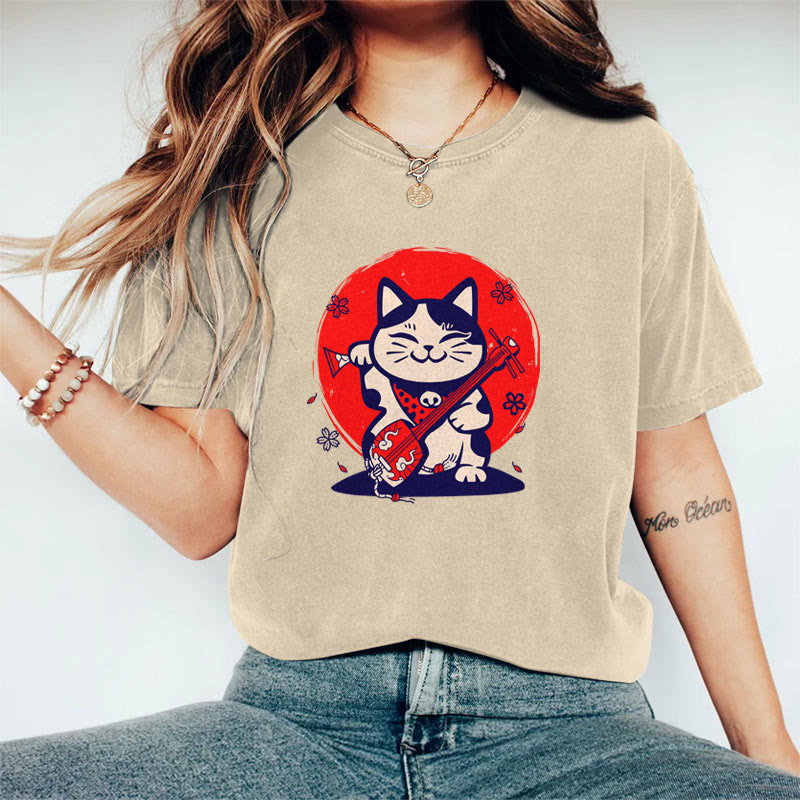 100% Cotton Women's Japanese Lucky Cat Art Print Casual T-shirt - Khaki - 2XL - image 1
