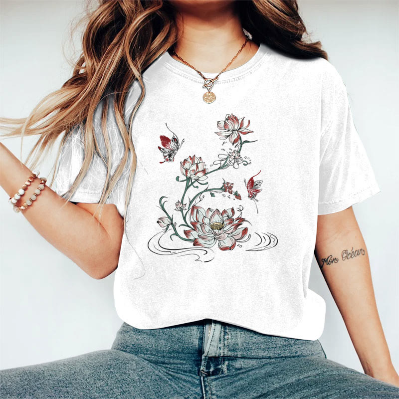 100% Cotton Women's Japanese Lovely Lotus & Butterfly Art Print Casual T-shirt - White - 2XL - image 1