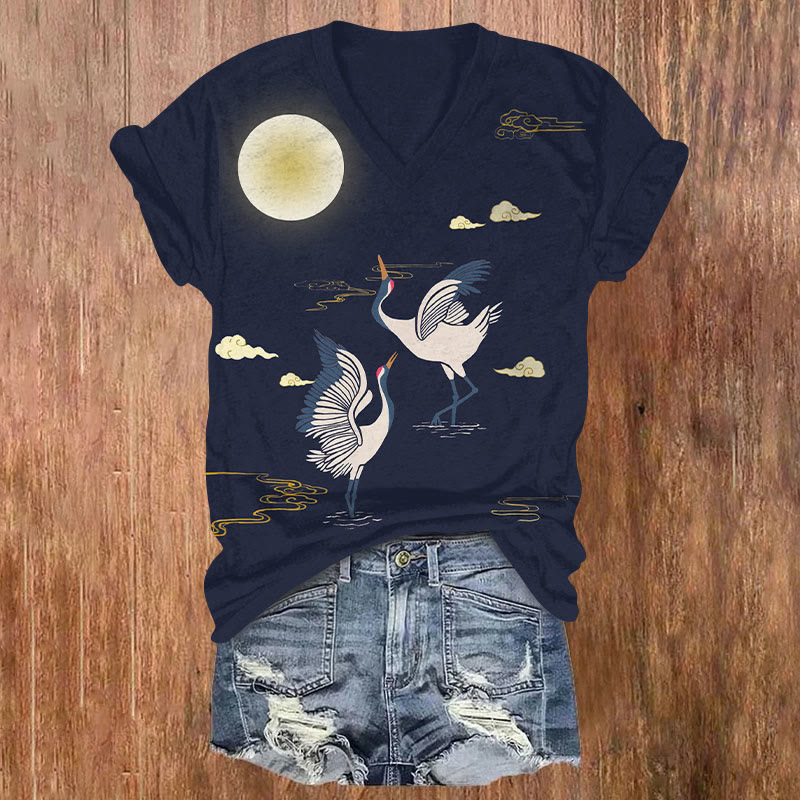 Japanese Cartoon Crane & Moon Art Print V-neck T-shirt - Dark Blue - US32-34(5XL) - image 1