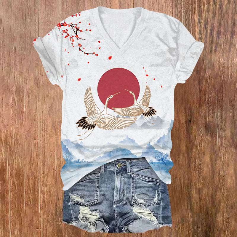 Japanese Sakura Golden Crane & Sun Print V-neck T-shirt - White - US32-34(5XL) - image 1