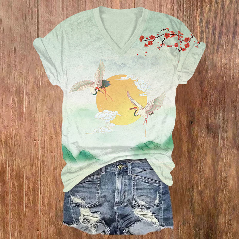Japanese Sakura Couple Crane Around The Sun Print V-neck T-shirt - Green - US32-34(5XL) - image 1