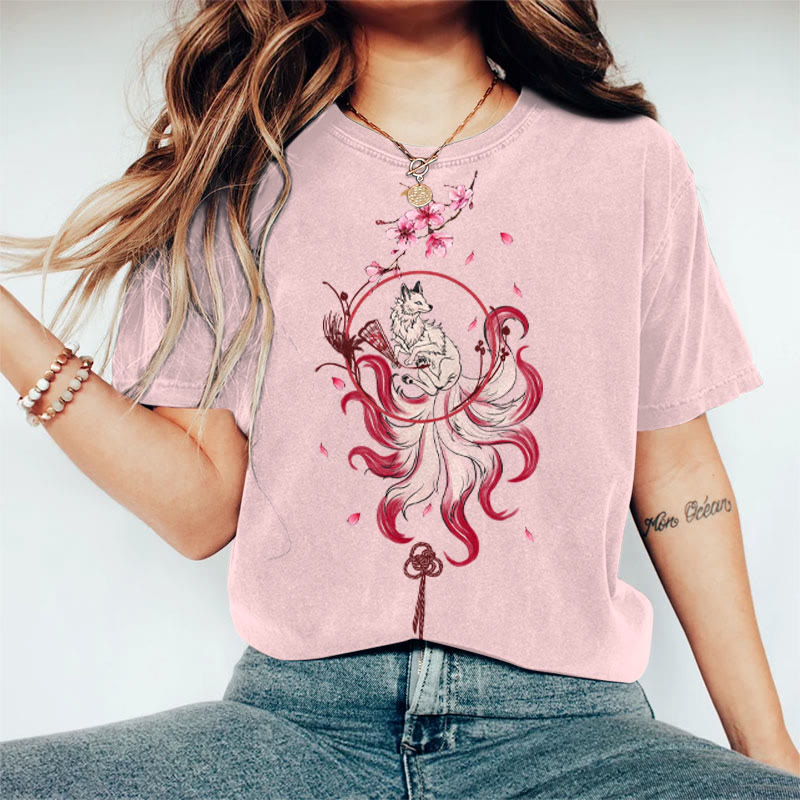 100% Cotton Women's Japanese Sakura Nine-tailed Fox Art Print Casual T-shirt - Pink - 2XL - image 1