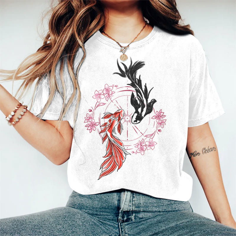 100% Cotton Women's Japanese Sakura Koi Carp Art Print Casual T-shirt - White - 2XL - image 1