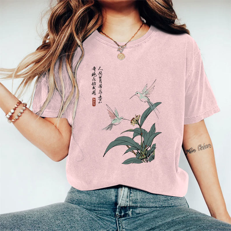 100% Cotton Women's Ancient Poetry & Larks Floral Art Print Casual T-Shirt - Pink - 2XL - image 1