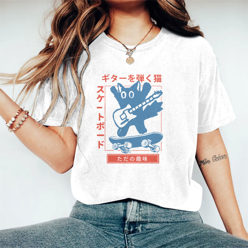 100% Cotton Women's Japanese Cartoon Guitar Cat  Art Print Casual T-shirt - White - 2XL - image 1