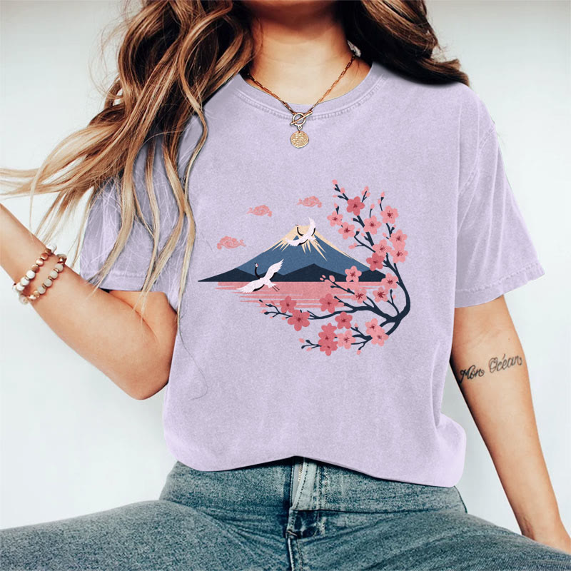 100% Cotton Women's Japanese Sakura Mount Fuji & Crane Art Print Casual T-shirt - Purple - 2XL - image 1