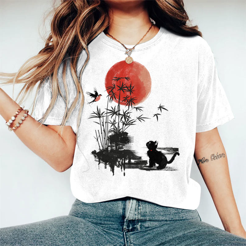 100% Cotton Women's Japanese Ink Watercolor Bamboo & Black Cat Art Print Casual T-shirt - White - 2XL - image 1