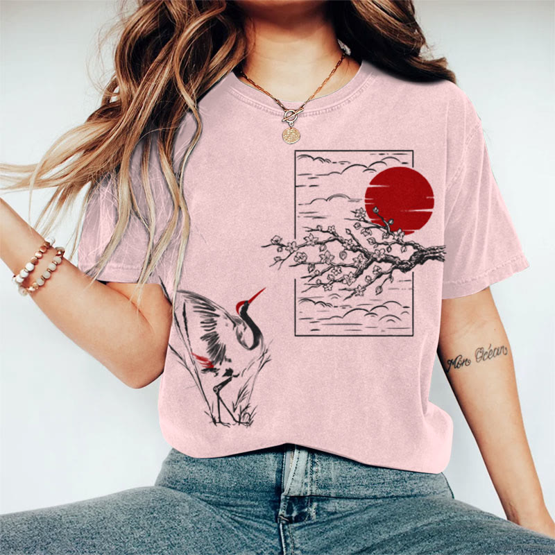 100% Cotton Women's Japanese Sun & Crane Art Print Casual T-shirt - Pink - 2XL - image 1
