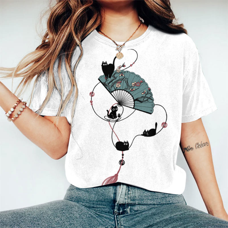 100% Cotton Women's Japanese Creative Floral Fan & Cats Art Print Casual T-shirt - White - 2XL - image 1
