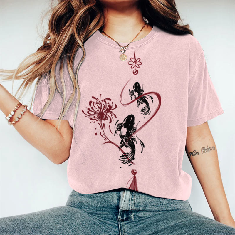 100% Cotton Women's Japanese Ink Watercolor Koi Floral Art Print Casual T-shirt - Pink - 2XL - image 1
