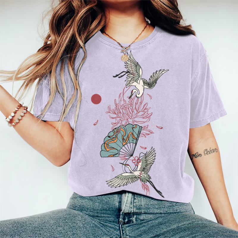 100% Cotton Women's Japanese Crane Floral Fan Art Print Casual T-shirt - Purple - 2XL - image 1