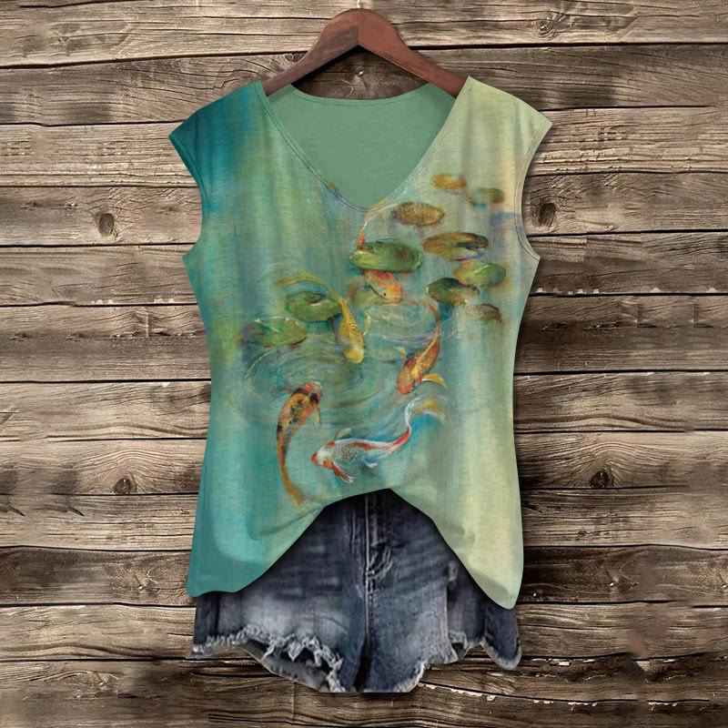 Koi Carp And Lotus Leaf Watercolor Art Print V-neck Tank Top - Green - 5XL - image 1