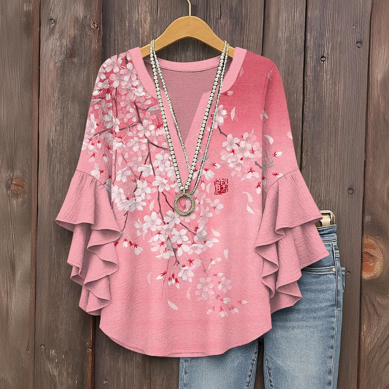 Cherry Blossom Full Moon Japanese Art Gradient Print V-neck Half Sleeve Blouse - Pink - 5XL - image 1