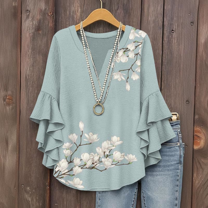 Vintage Floral Art Print V-Neck Half Sleeve Blouse - Mint - 5XL - image 1