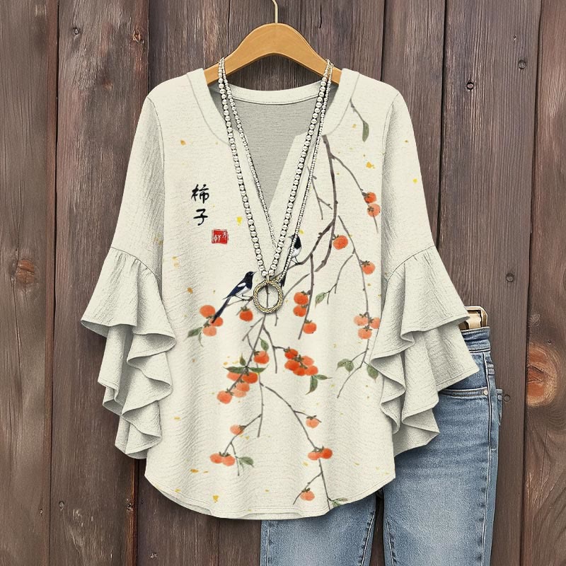 Japanese Persimmon Ink Painting Art Print V-neck Half Sleeve Blouse - Beige - 5XL - image 1