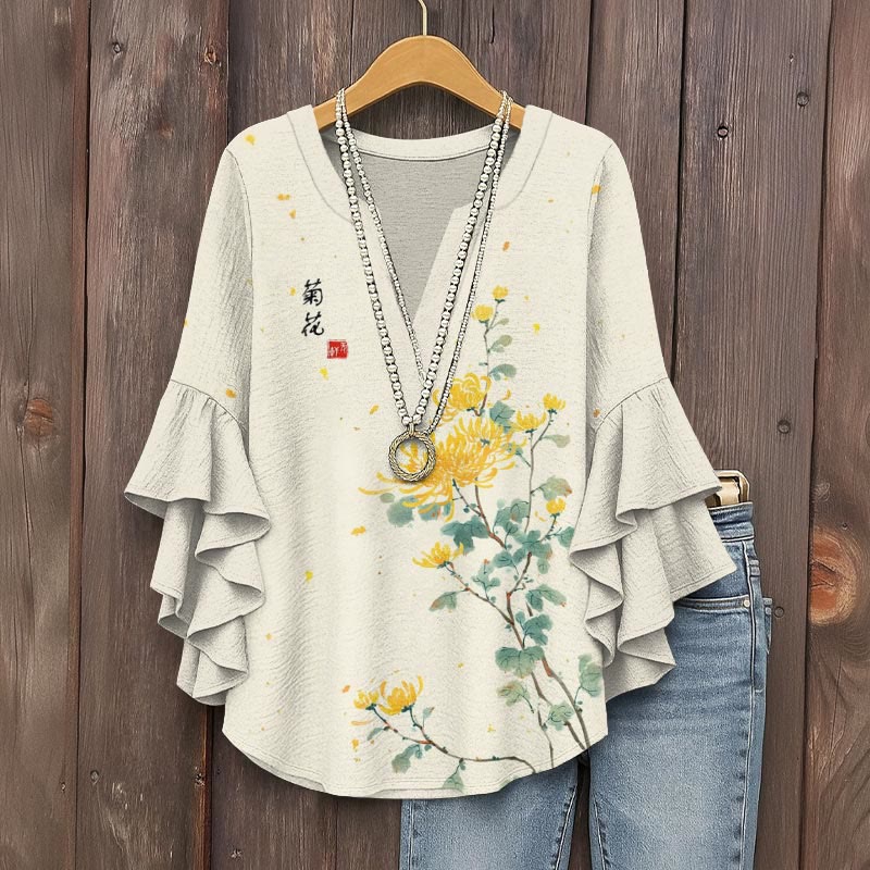 Chrysanthemum Ink Painting Art Print V-neck Half Sleeve Blouse - Beige - 5XL - image 1