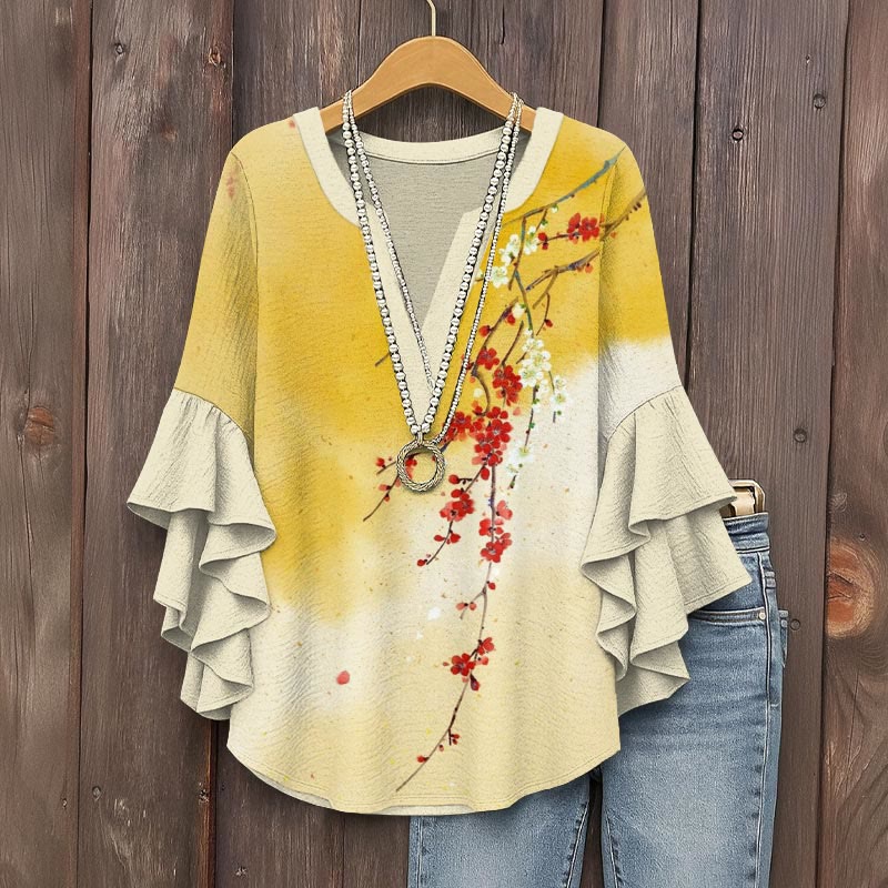 Japanese Style Ombre Plum Blossom Ink Painting Art Print V-neck Half Sleeve Blouse - Yellow - 5XL - image 1