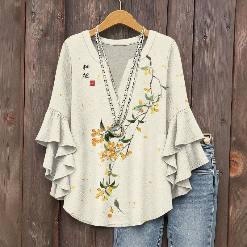 Loquat Ink Painting Art Print V-neck Half Sleeve Blouse - Beige - 5XL - image 1