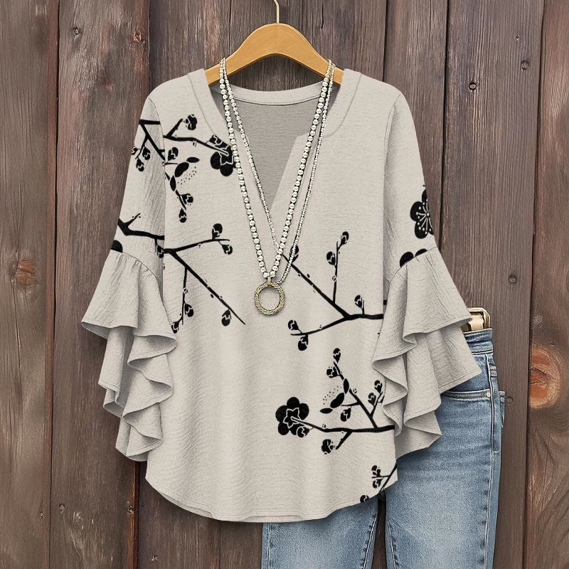 Japanese Art Floral Vintage Art Print V-neck Half Sleeve Blouse - Light Gray - 5XL - image 1
