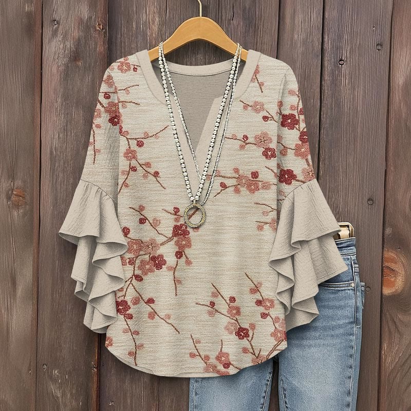 Retro Cherry Blossom Japanese Style Art Print V-neck Half Sleeve Blouse - Khaki - 5XL - image 1