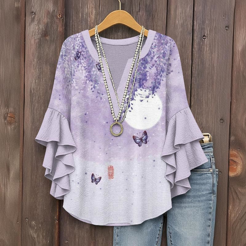 Retro Ombre Wisteria Flower Ink Painting Art Print V-neck Half Sleeve Blouse - Purple - 5XL - image 1