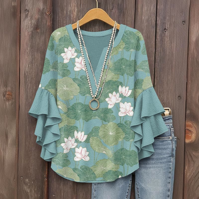 Vintage Lovely Lily Art Print V-neck Half Sleeve Blouse - Green - 5XL - image 1