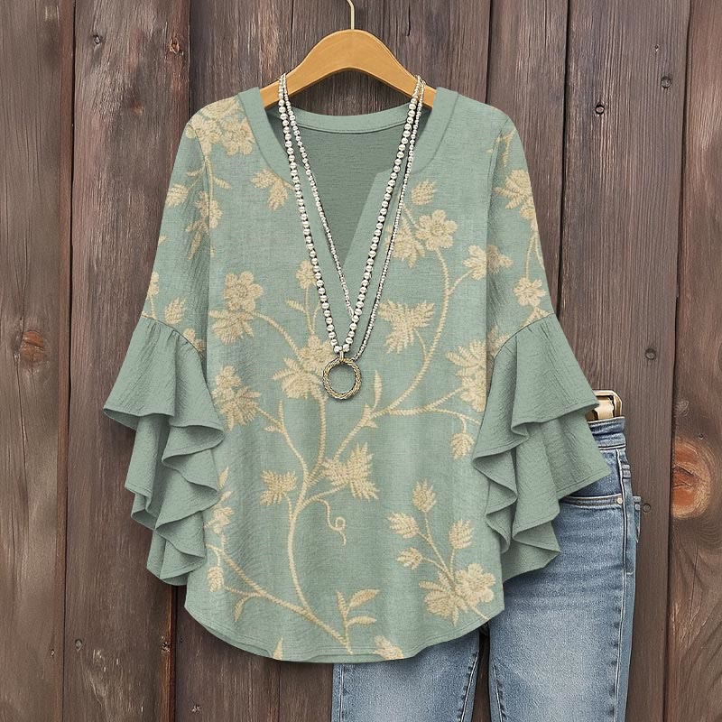 Retro Floral Casual Art Print V-neck Half Sleeve Blouse - Green - 5XL - image 1