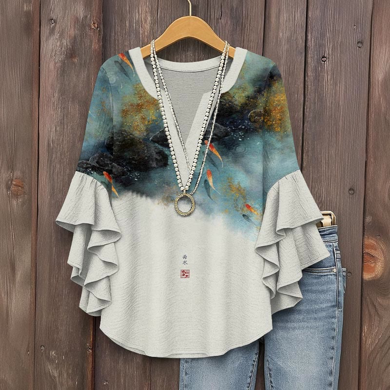 Japanese Goldfish Contrasting Art Print V-neck Half Sleeve Blouse - Light Gray - 5XL - image 1