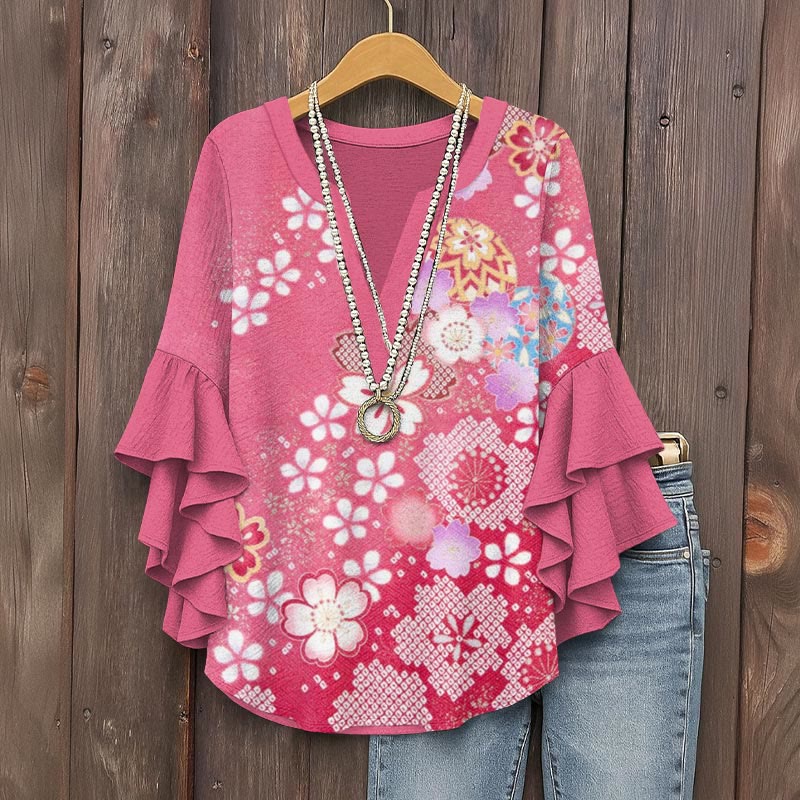 Japanese Style Pink Cherry Blossom Art Print V-neck Half Sleeve Blouse - Rose - 5XL - image 1