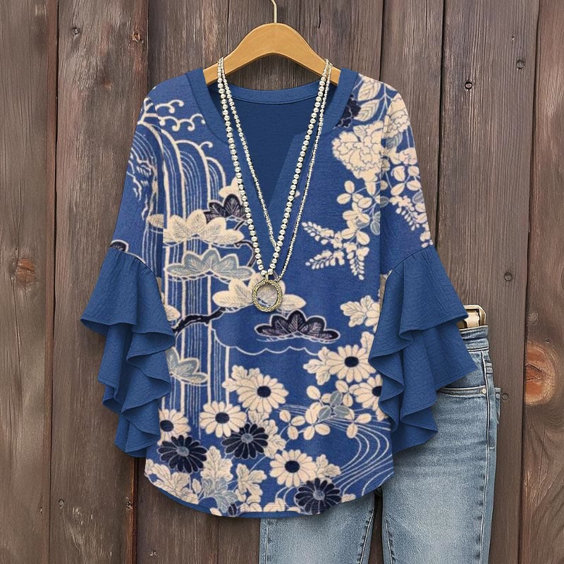 Retro Sketching Floral Art Print V-neck Half Sleeve Blouse - Royal Blue - 5XL - image 1