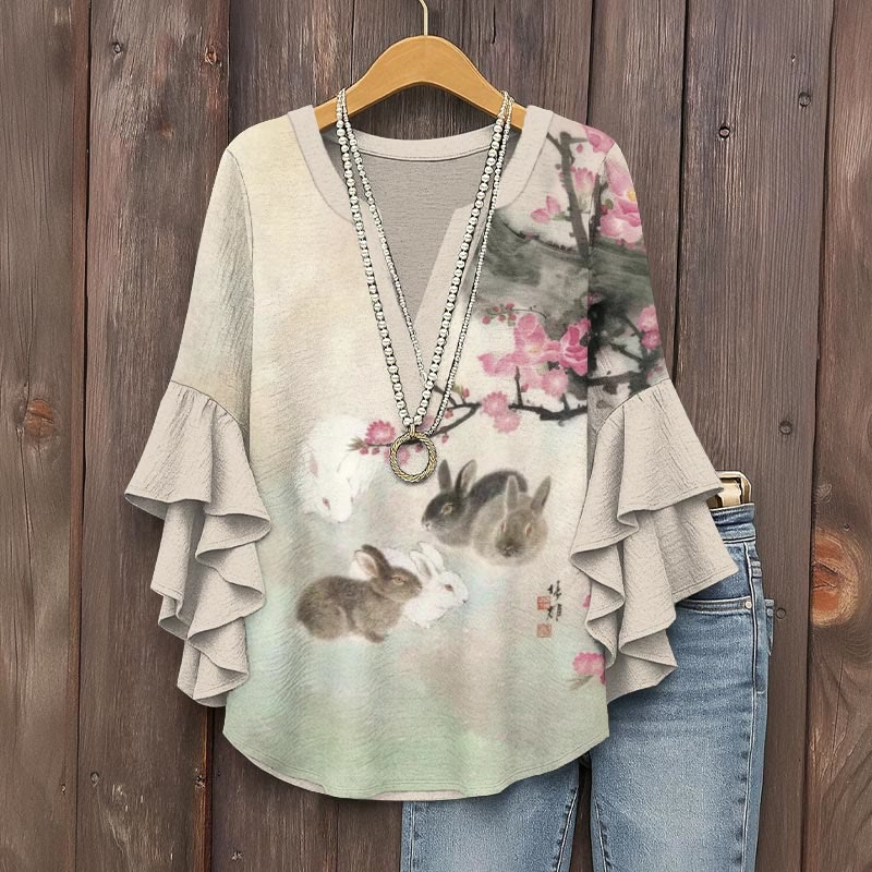 Sakura Cute Rabbit Art Print V-neck Half Sleeve Blouse - Apricot - 5XL - image 1