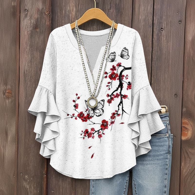 Japanese Style Plum Blossom Butterfly Art Print V-neck Half Sleeve Blouse - White - 5XL - image 1