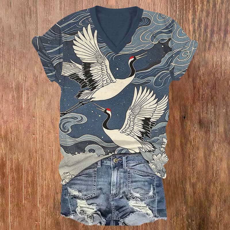 Vintage Japanese Flying Crane Print V-neck T-shirt - Blue - US32-34(5XL) - image 1