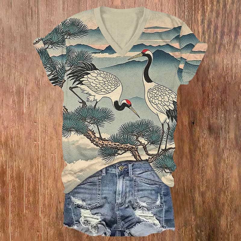 Japanese White Crane Resting On Pine Tree Print V-neck T-shirt - Blue - US32-34(5XL) - image 1
