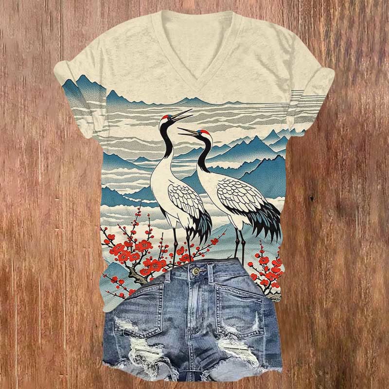 Japanese Sakura Crane & Wave Print V-neck T-shirt - Apricot - US32-34(5XL) - image 1