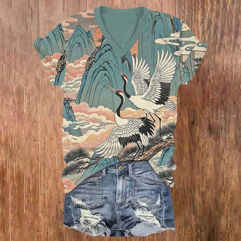 Japanese Crane & Mountains Rising Into Clouds Print V-neck T-shirt - Green - US32-34(5XL) - image 1