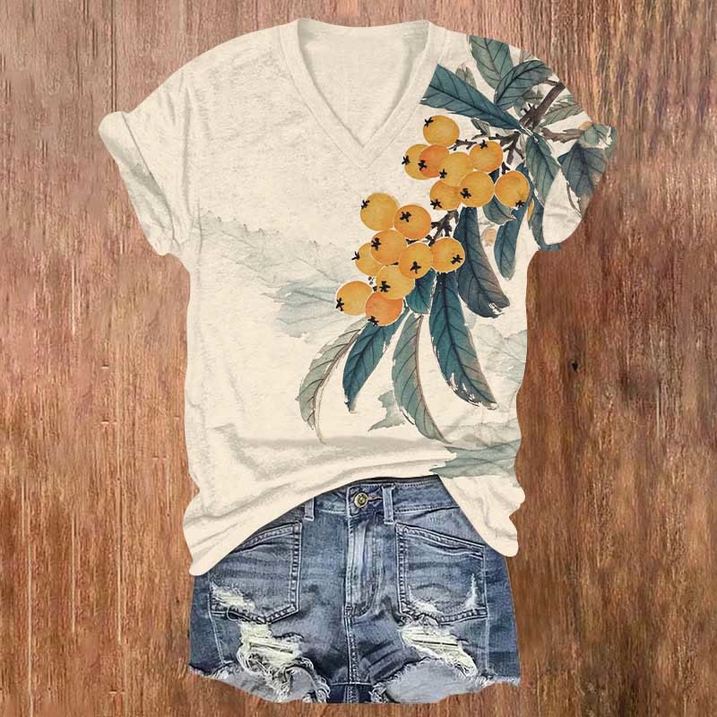 Japanese Watercolor Persimmon Art Print V-neck T-shirt - Apricot - US32-34(5XL) - image 1