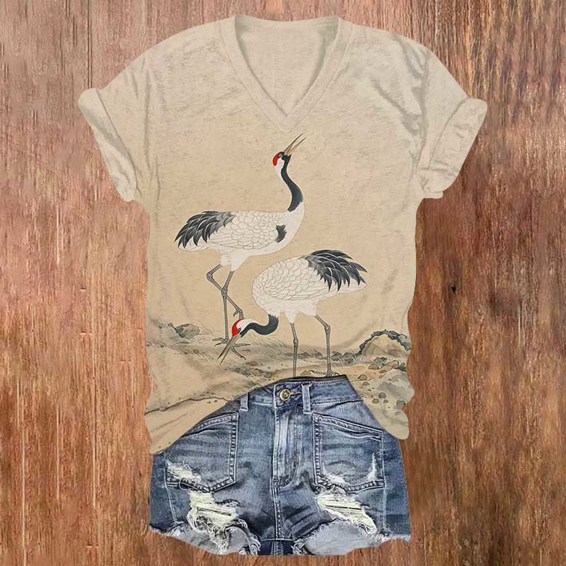 Japanese Elegant White Crane Art Print V-neck T-shirt - Khaki - US32-34(5XL) - image 1