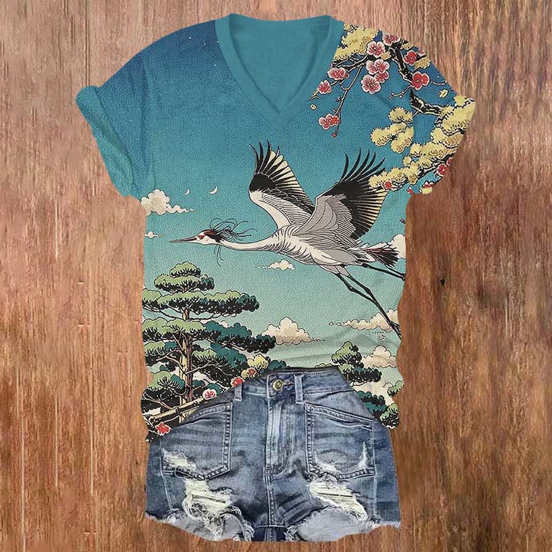 Japanese Cartoon Crane Landscape Painting Print V-neck T-shirt - Blue - US32-34(5XL) - image 1