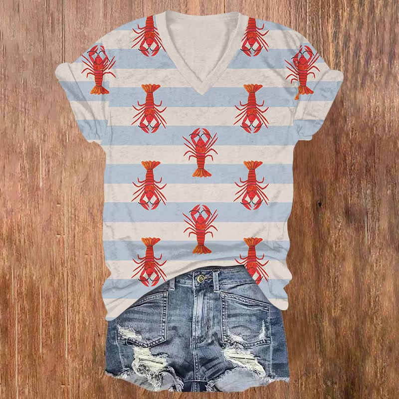 Vintage Blue Striped Lobster Art Print V-neck T-shirt - Blue - US32-34(5XL) - image 1
