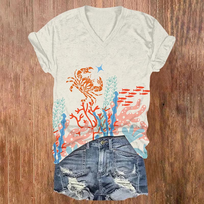 Creative Cartoon Crab & Coral Art Print V-neck T-shirt - Beige - US32-34(5XL) - image 1