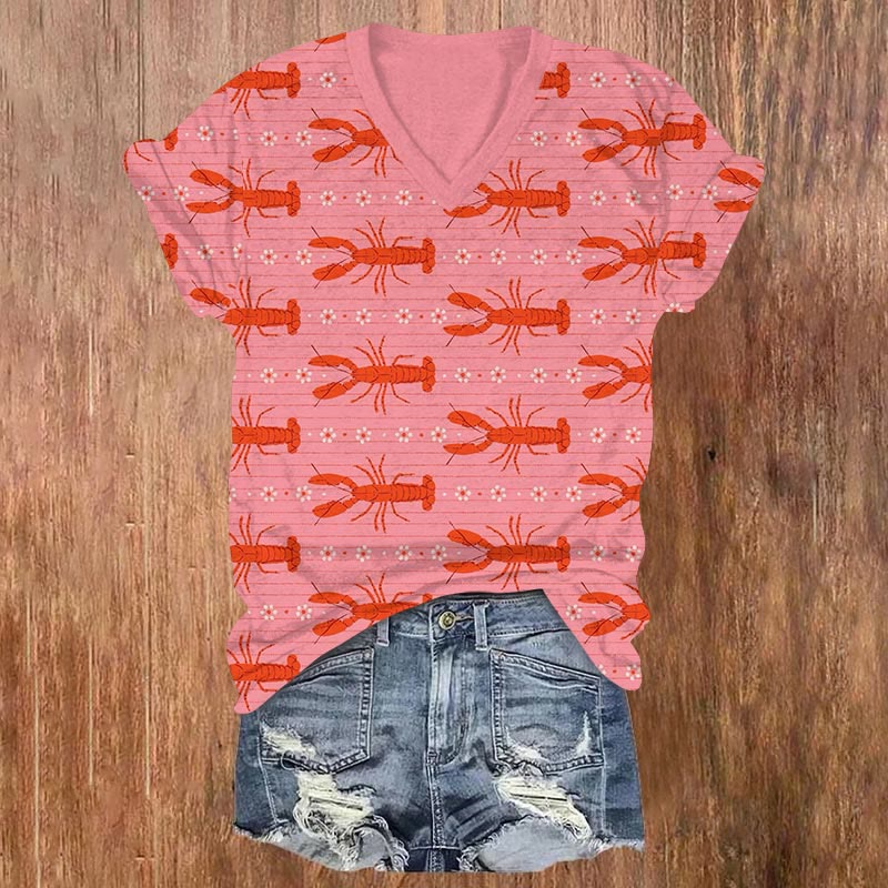 Lobster Floral Repeat Art Print V-neck T-shirt - Pink - US32-34(5XL) - image 1