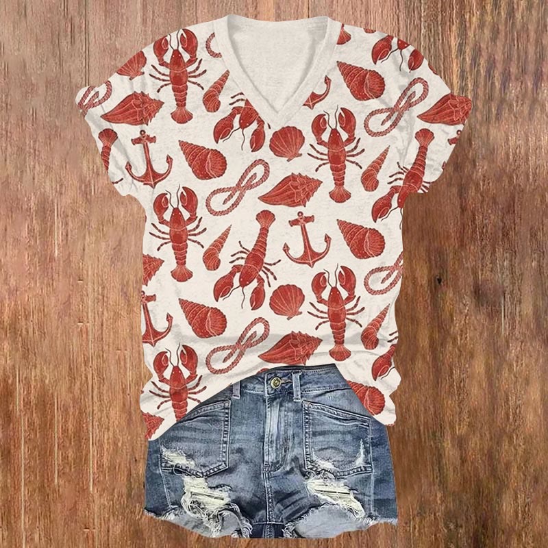 Marine Life Art Print V-neck T-shirt - Red - US32-34(5XL) - image 1