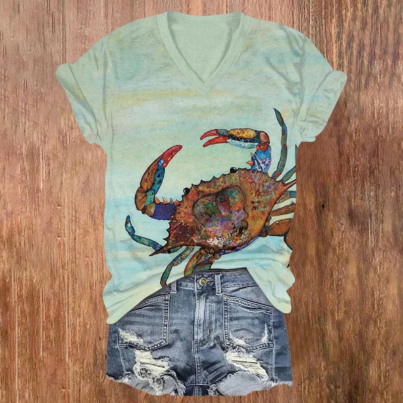 Painted Crab Art Print V-neck T-shirt - Green - US32-34(5XL) - image 1