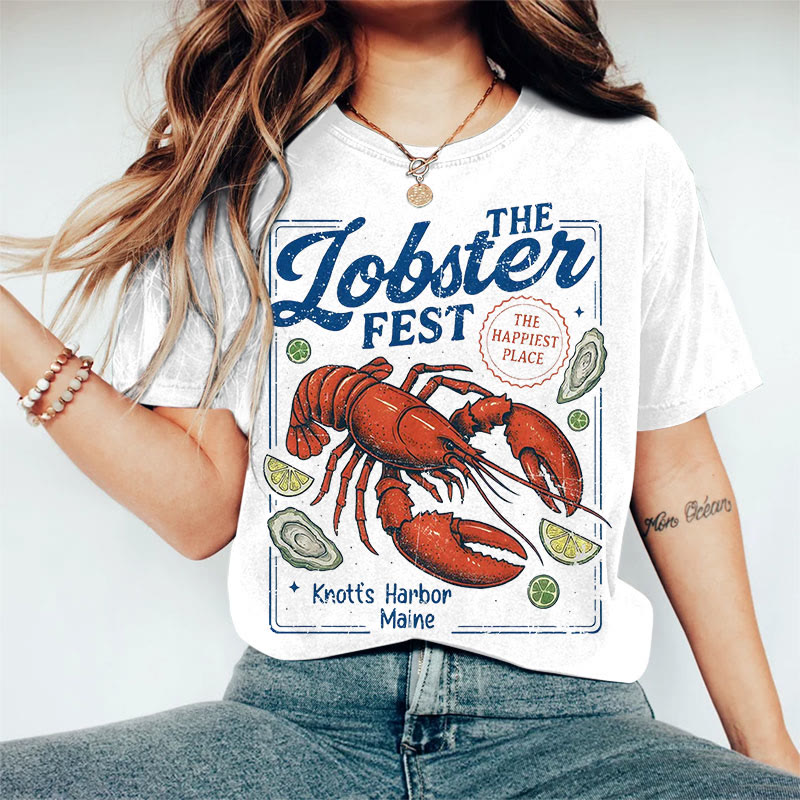 100% Cotton Women's The Lobster Fest Art Print Casual T-shirt - White - 2XL - image 1
