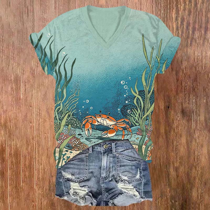 Vintage Crab In The Underwater World Print V-neck T-shirt - Green - US32-34(5XL) - image 1