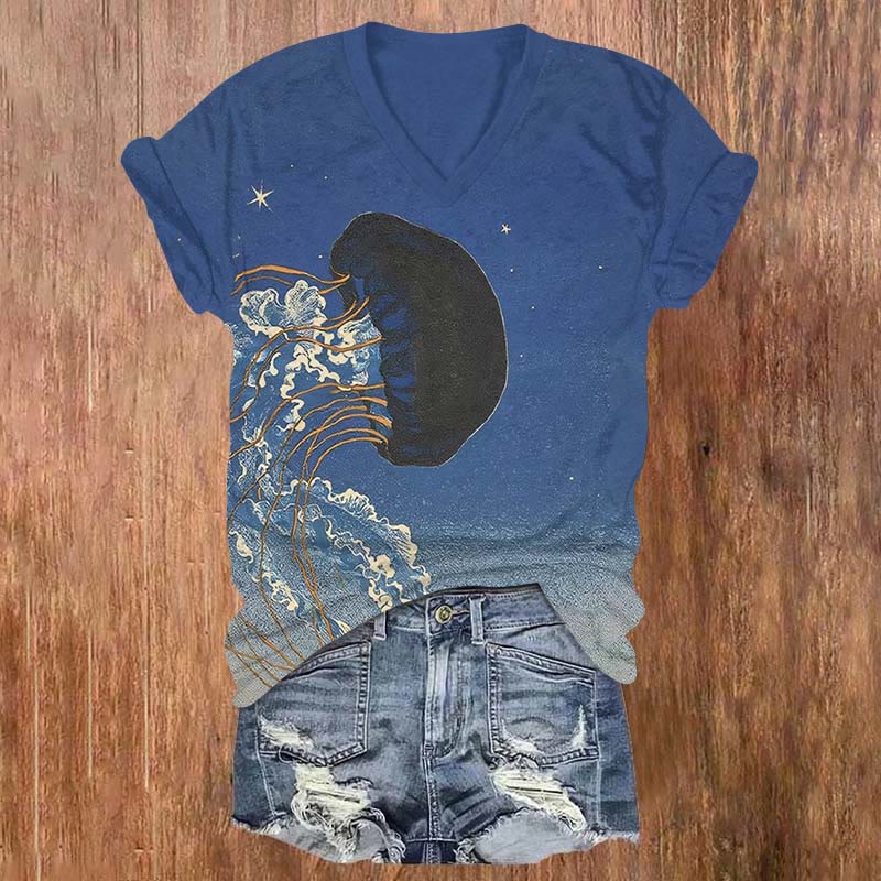 Starry Black Jellyfish Art Print V-neck T-shirt - Blue - US32-34(5XL) - image 1