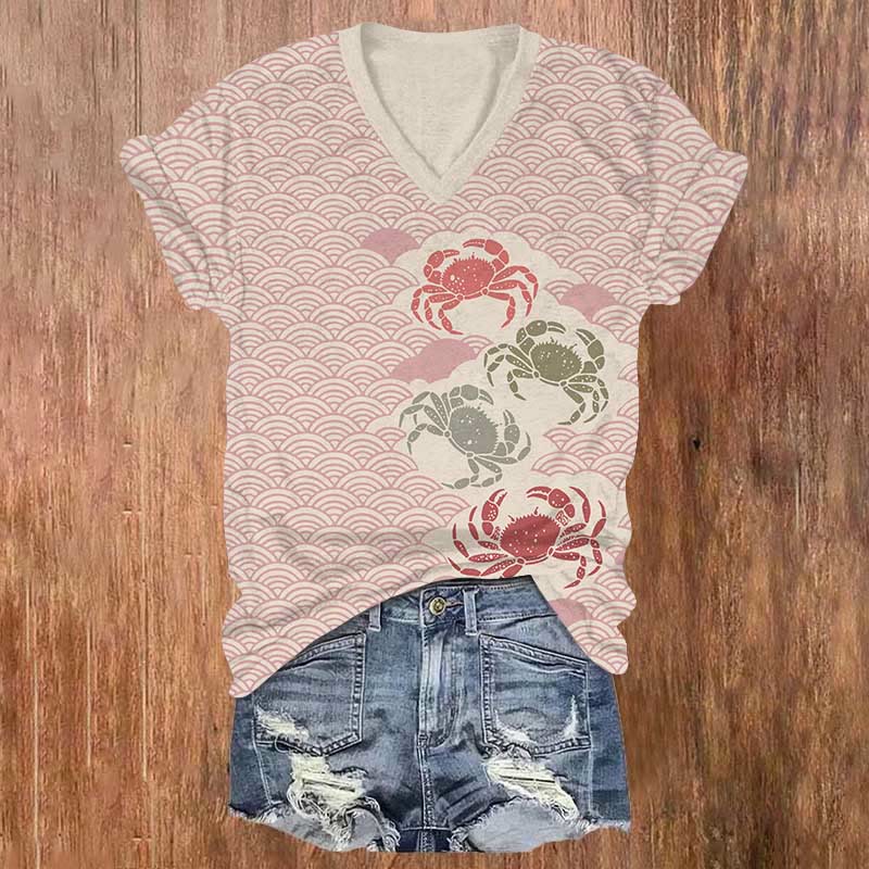 Japanese Style Wave & Crab Art Print V-neck T-shirt - Pink - US32-34(5XL) - image 1