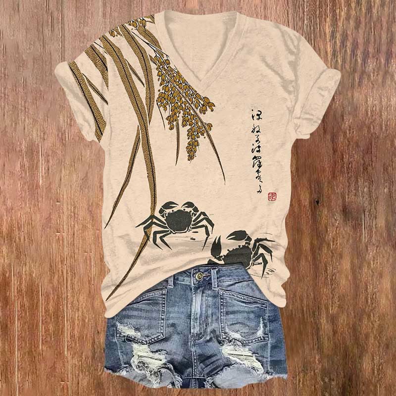 Ombre Japanese Vintage Crab In Lake Print V-neck T-shirt - Apricot - US32-34(5XL) - image 1