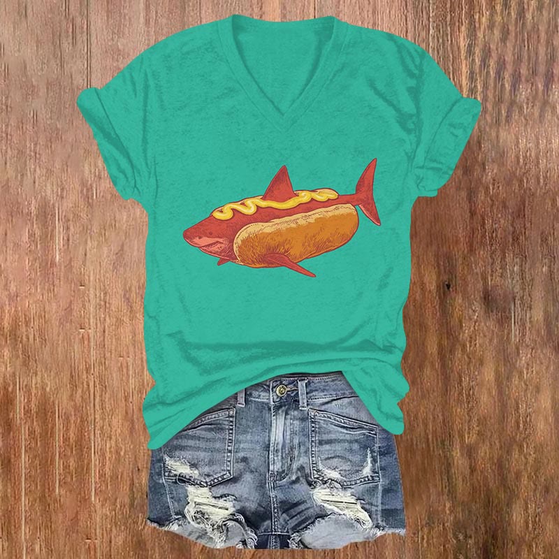 Creative Shark Hotdog Art Print V-neck T-shirt - Green - US32-34(5XL) - image 1